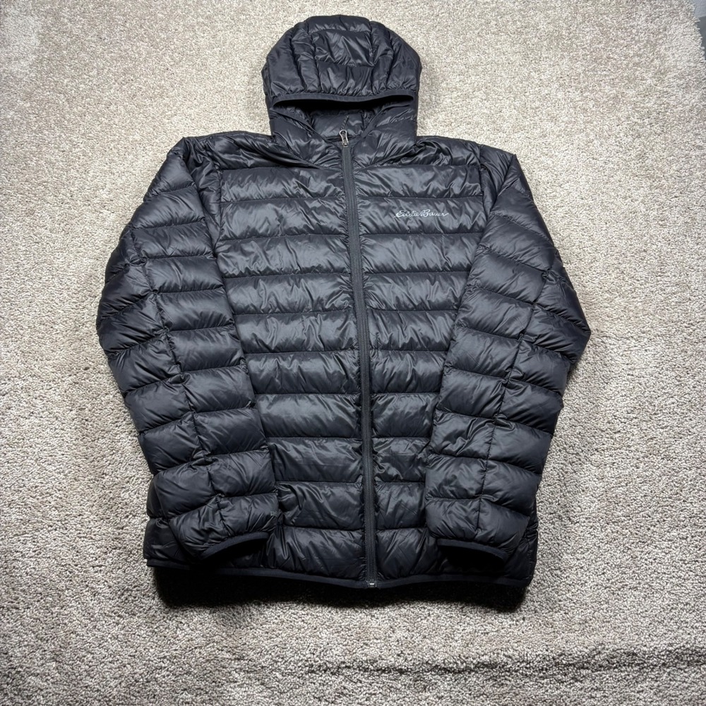 Eddie Bauer EB650 Down Hooded Puffer Jacket Mens Large Black Quilted Full Zip